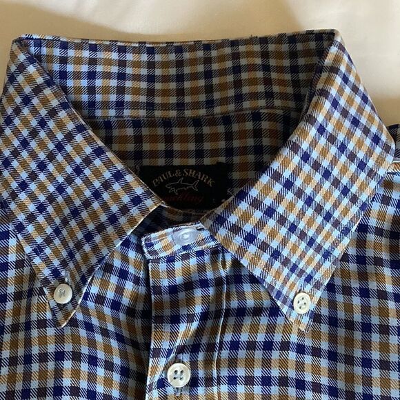 Paul & Shark NWOT Mens Blue & Brown Check shirt with Button Down Collar. Size L - Picture 2 of 5